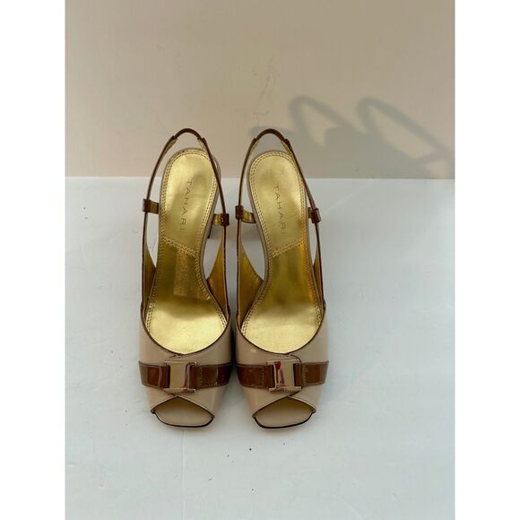 Tahari Leather Open Toe Slingback Sandal Chunky Heels, Beige/Brown, size 7 - Picture 1 of 6
